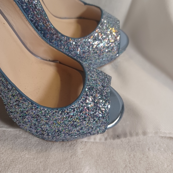 New Qupid 5.5 multi blue glitter platform peeptoe heels - Picture 3 of 6